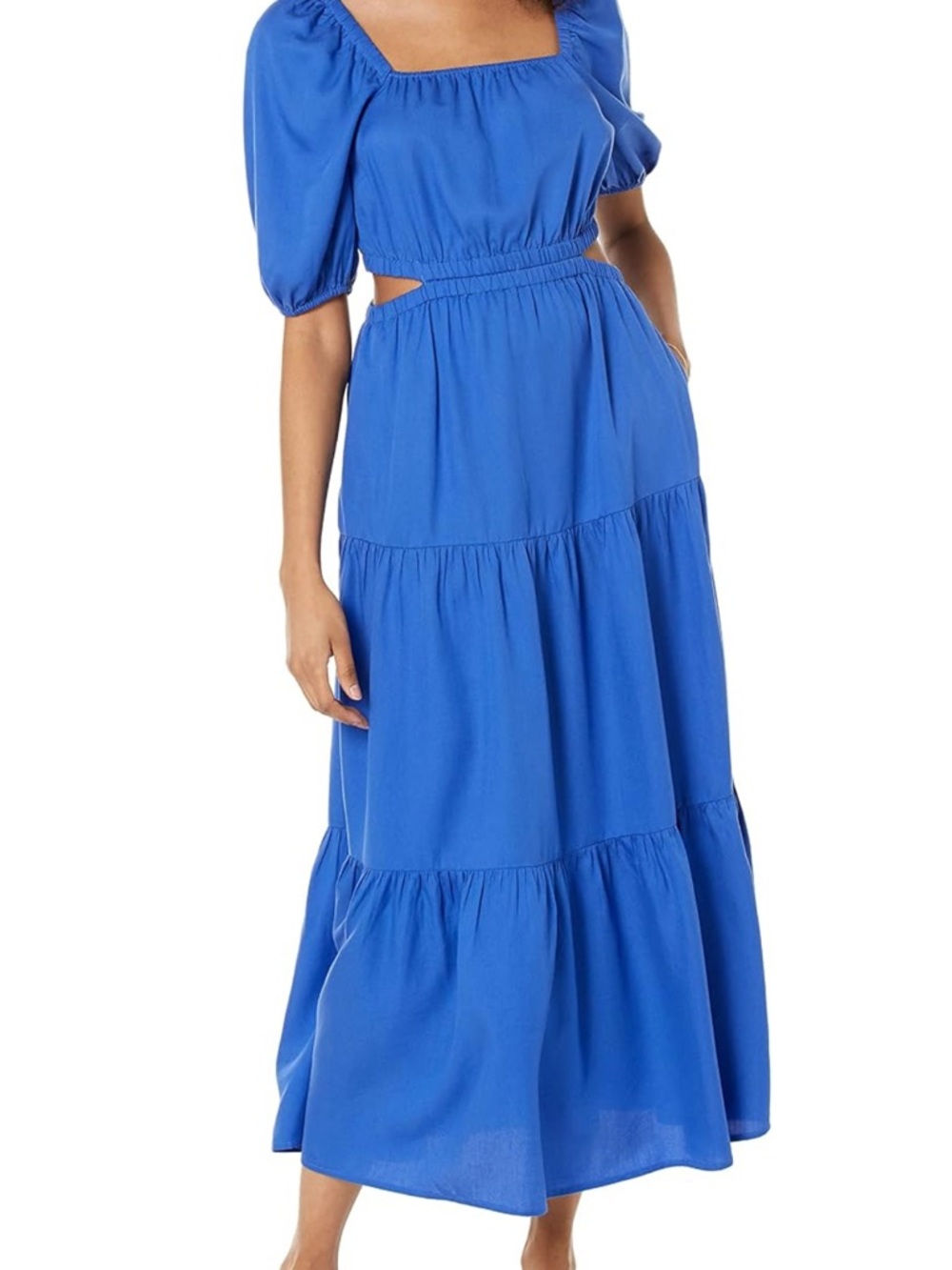 Blue Maxi Dress with Puff Sleeves and Cutout Waist